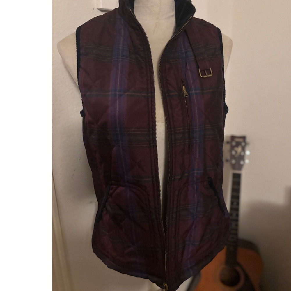 Lauren Ralph Lauren Quilted Plaid Vest Burgundy Navy Equestrian Corduroy‎ Trim M